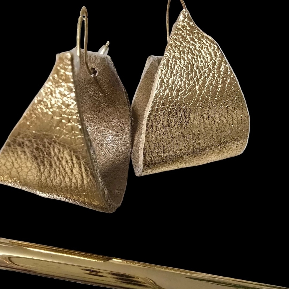 Gold Leather Hoop Drop Earrings - Handmade Custom Unique Design
